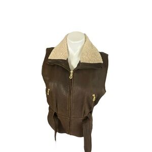 Vintage Andrew Marc Fleece Trim Pebbled Leather Vest Belted Jacket